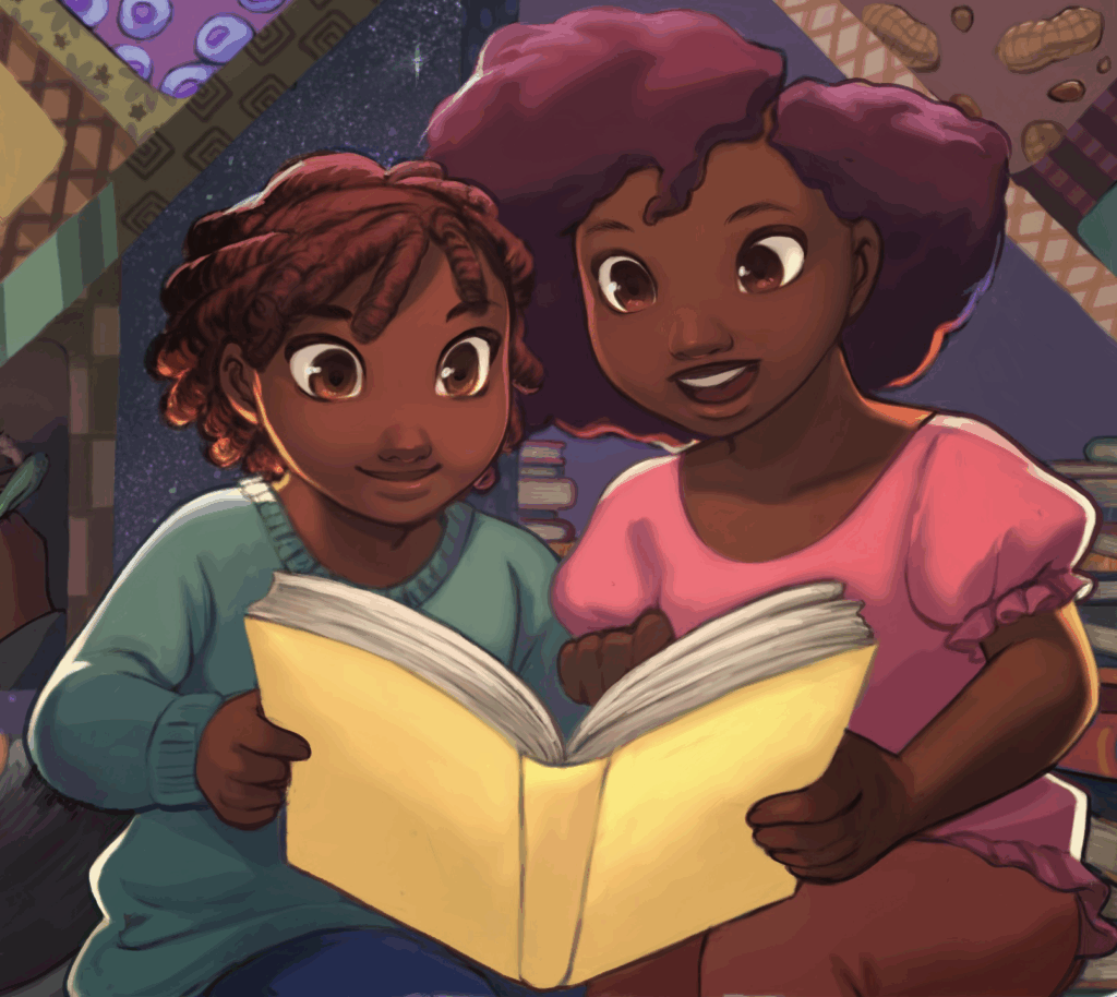 An illustration by Courtney Williams Skinner of a Black woman in a pink dress reading to a Black child in a green shirt.