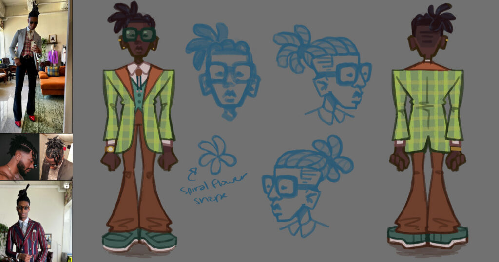 2D concept art for the fashion designer, featuring full color front and back designs, and several call outs for the shape and styling of the hair.