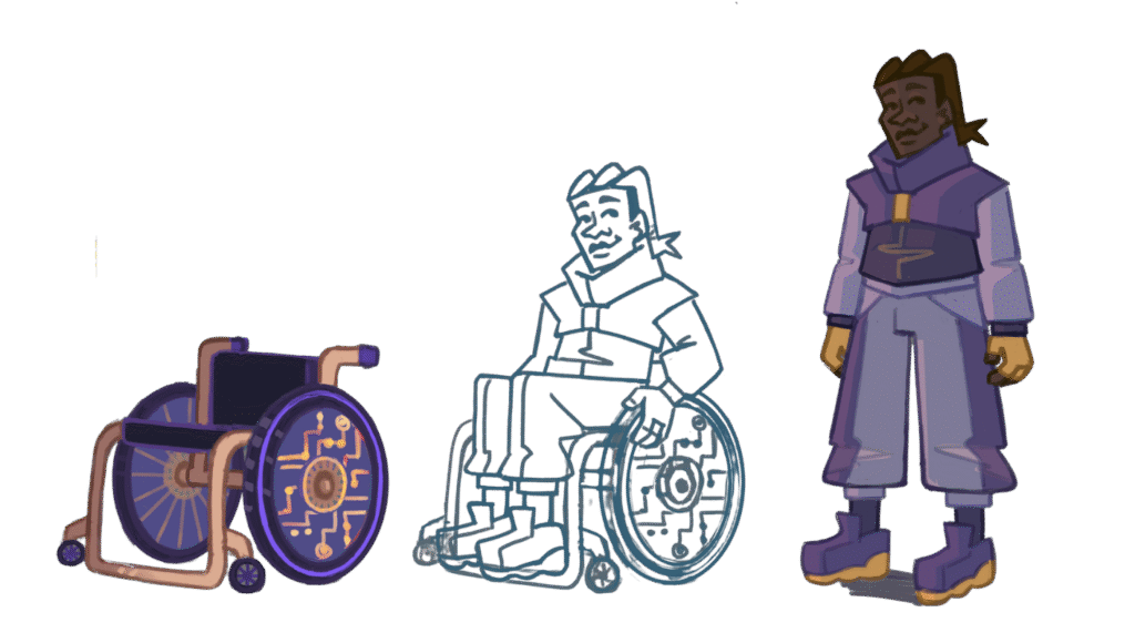 2D concept art of a cyberpunk inspired wheelchair and the game designer 3D model for Open Source Afro Hair Library.