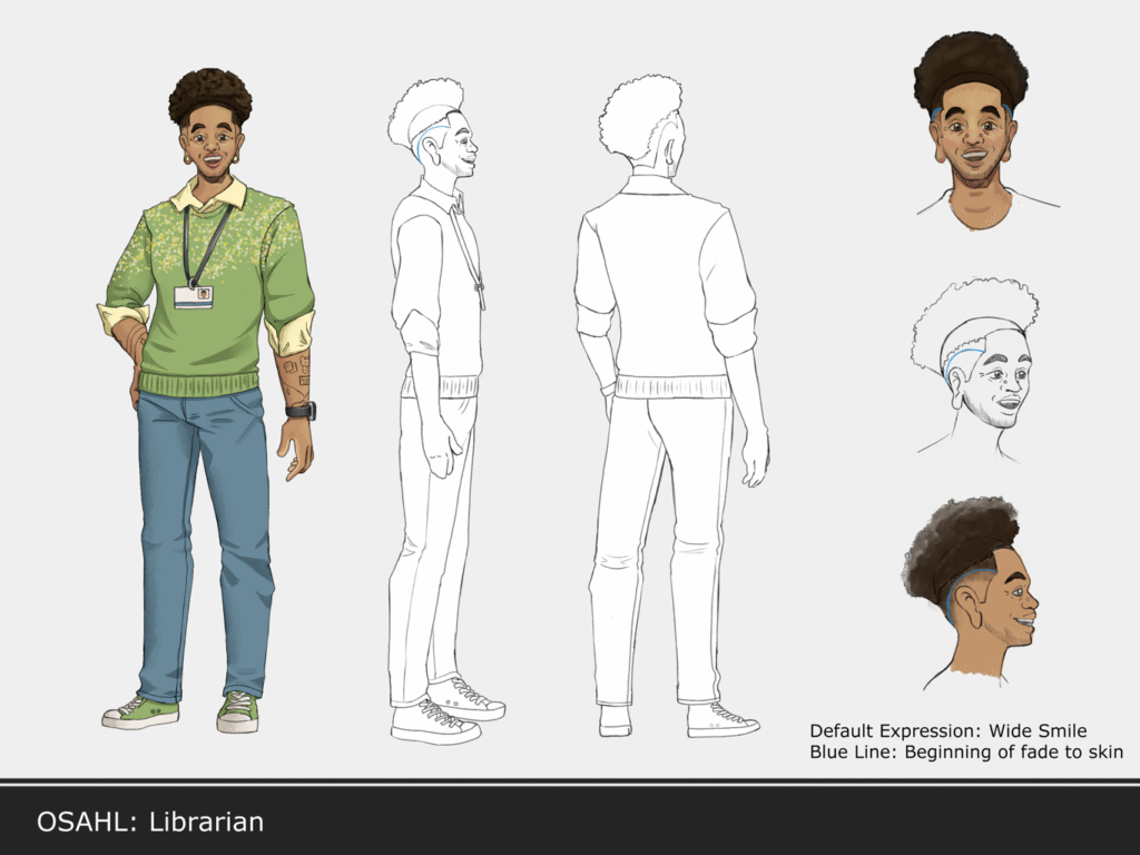 2D Concept art for the Librarian model. Full color front facing image is on the far left, with line art turnarounds in the center and right. On the far right are callouts for the face and hair. The text reads: Default Expression: Wide Smile. Blue Line: Beginning of fade to skin.