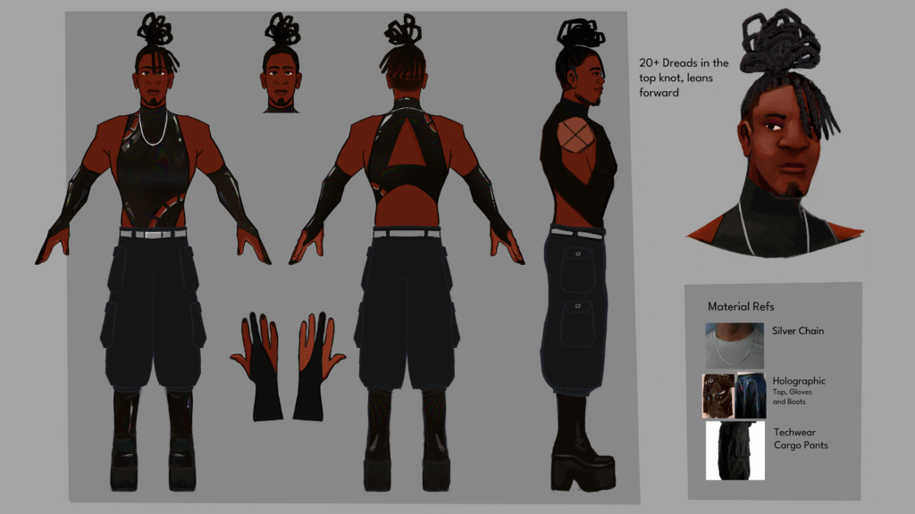 2D Concept Art of the songwriter character with callouts for hair, gloves, and fabrics.