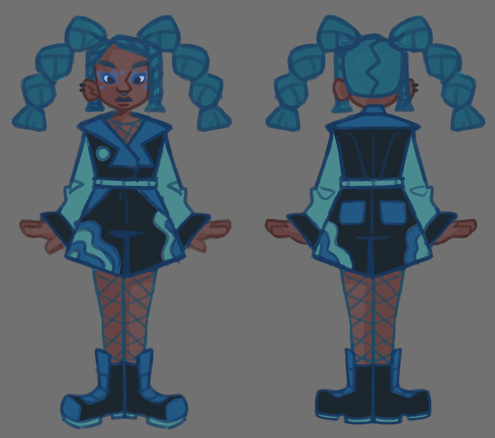 2D concept art for the activist, featuring full color front and back designs.
