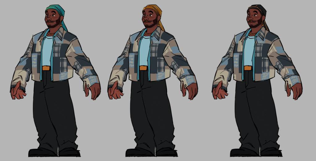 2D concept for the Therapist model showing all 3 versions of his durag.